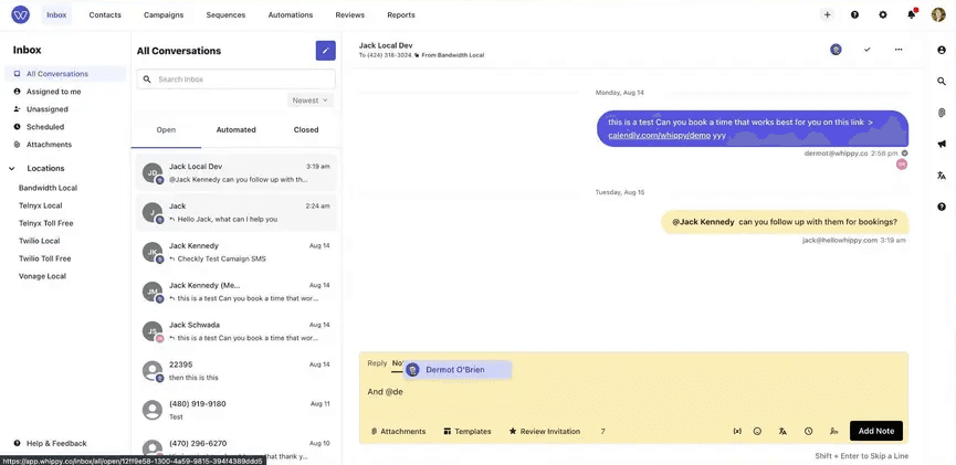 Whippy inbox conversation showing notes mode with a team member mention and an internal follow-up note