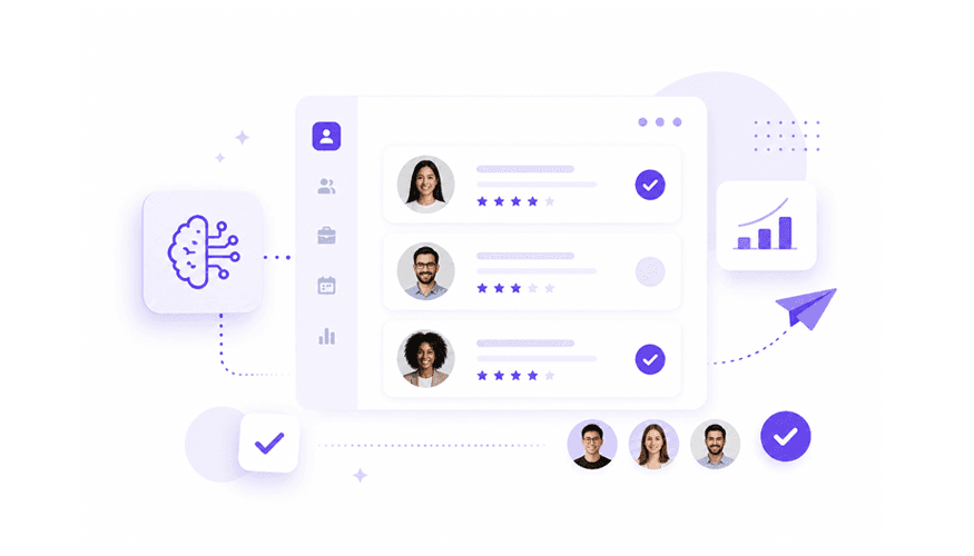 AI recruitment software dashboard illustration showing AI-powered candidate screening, automated hiring workflows, candidate profiles, hiring analytics, and smart recruitment automation for non-staffing companies