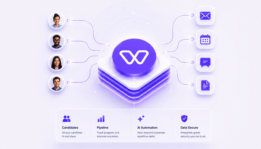Futuristic AI recruitment automation interface featuring the Whippy platform logo connected to candidate profiles, messaging tools, scheduling, and workflow automation in a clean purple-and-white 3D dashboard design