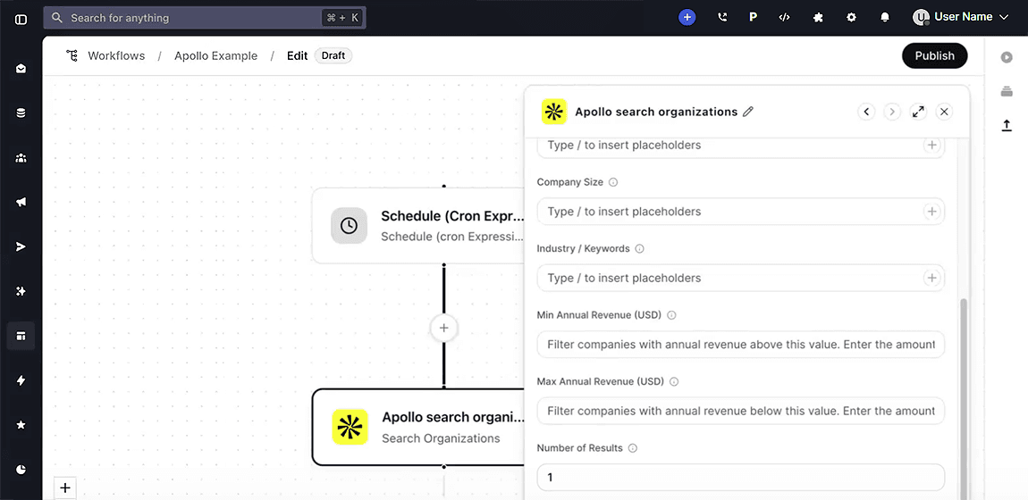 Whippy Workflows builder showing the Apollo search organizations action configured with filters for company size, industry, revenue range, and number of results
