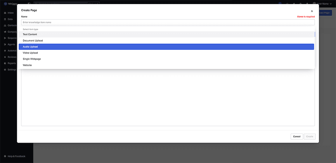 Modal window titled “Create Page” in Whippy showing a form to add a knowledge item, with fields for name and item type, and a dropdown expanded with options including Text Content, Document Upload, Audio Upload (selected), Video Upload, Single Webpage, and Website.