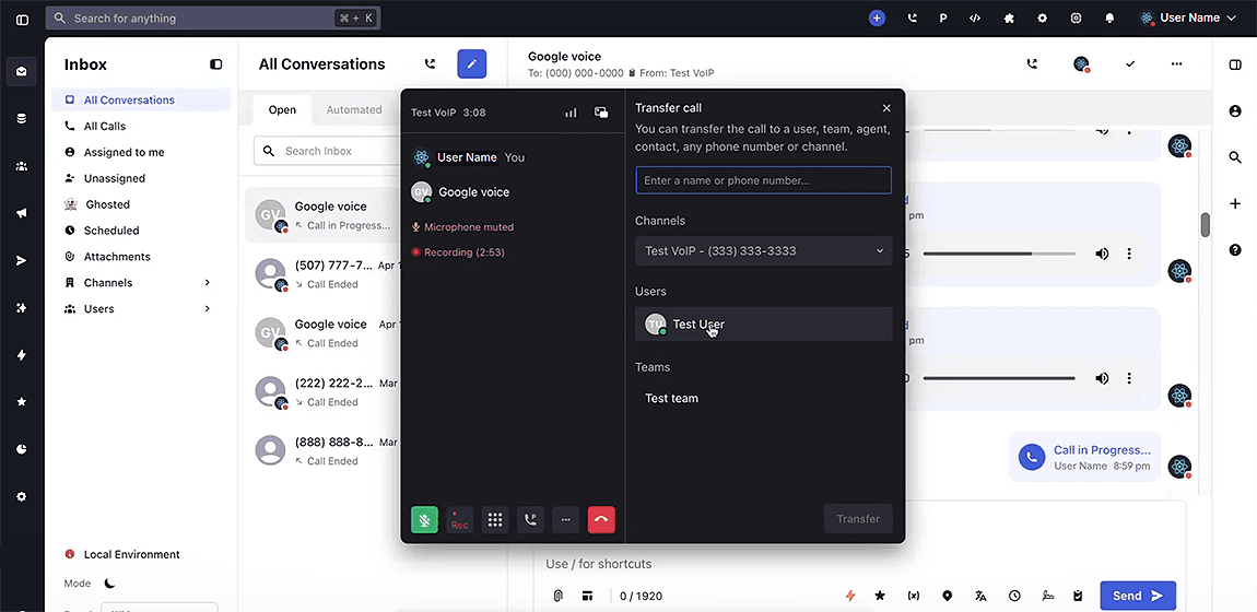 Whippy desktop VoIP call window showing the Open in Picture-in-Picture button, with active call controls including mute, record, hold, and hang up.
