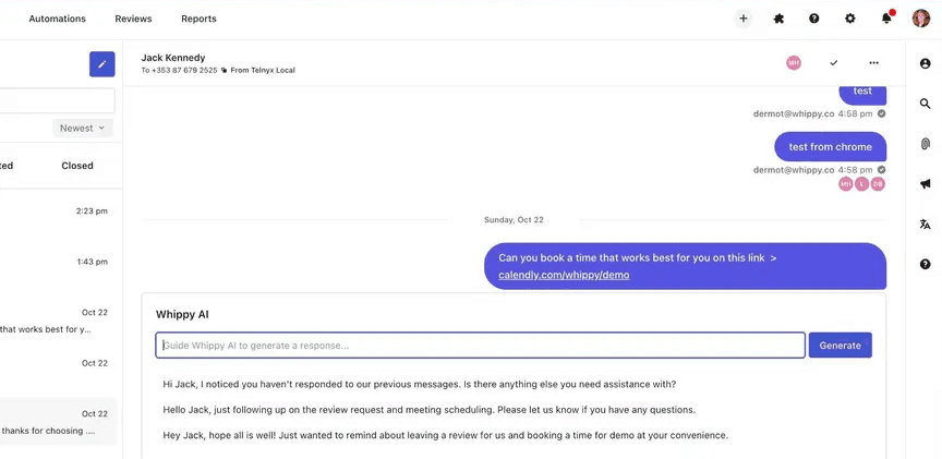 Whippy AI message assistant generating suggested responses within an inbox conversation
