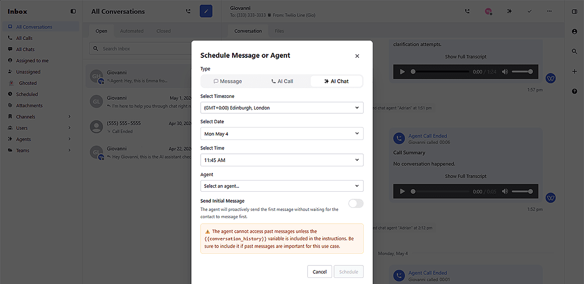 Whippy inbox interface displaying a scheduling modal for AI-powered messages, AI calls, and AI chat agents, with options to choose timezone, date, time, assigned agent, and automated outreach settings