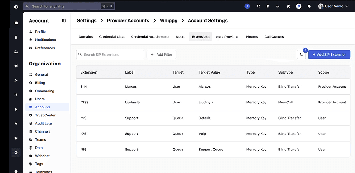 Whippy account settings showing the Extensions tab with SIP extensions listed by number, label, target type, target value, memory key type, subtype, and scope, including User and Queue routing configurations.