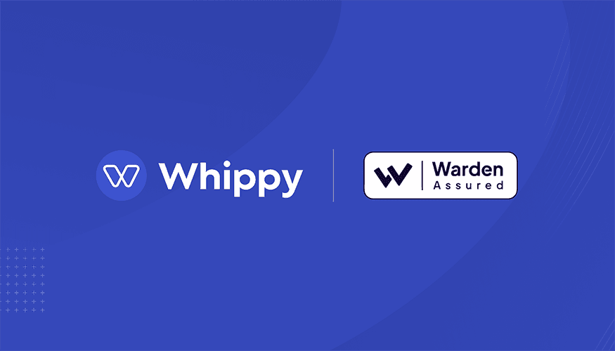 Whippy AI platform certified by Warden AI, with logos displayed side by side to indicate Warden Assured compliance.