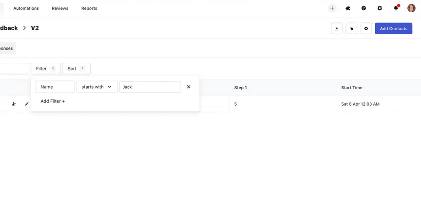 Whippy sequence contacts view showing an advanced filter for contact names starting with Jack